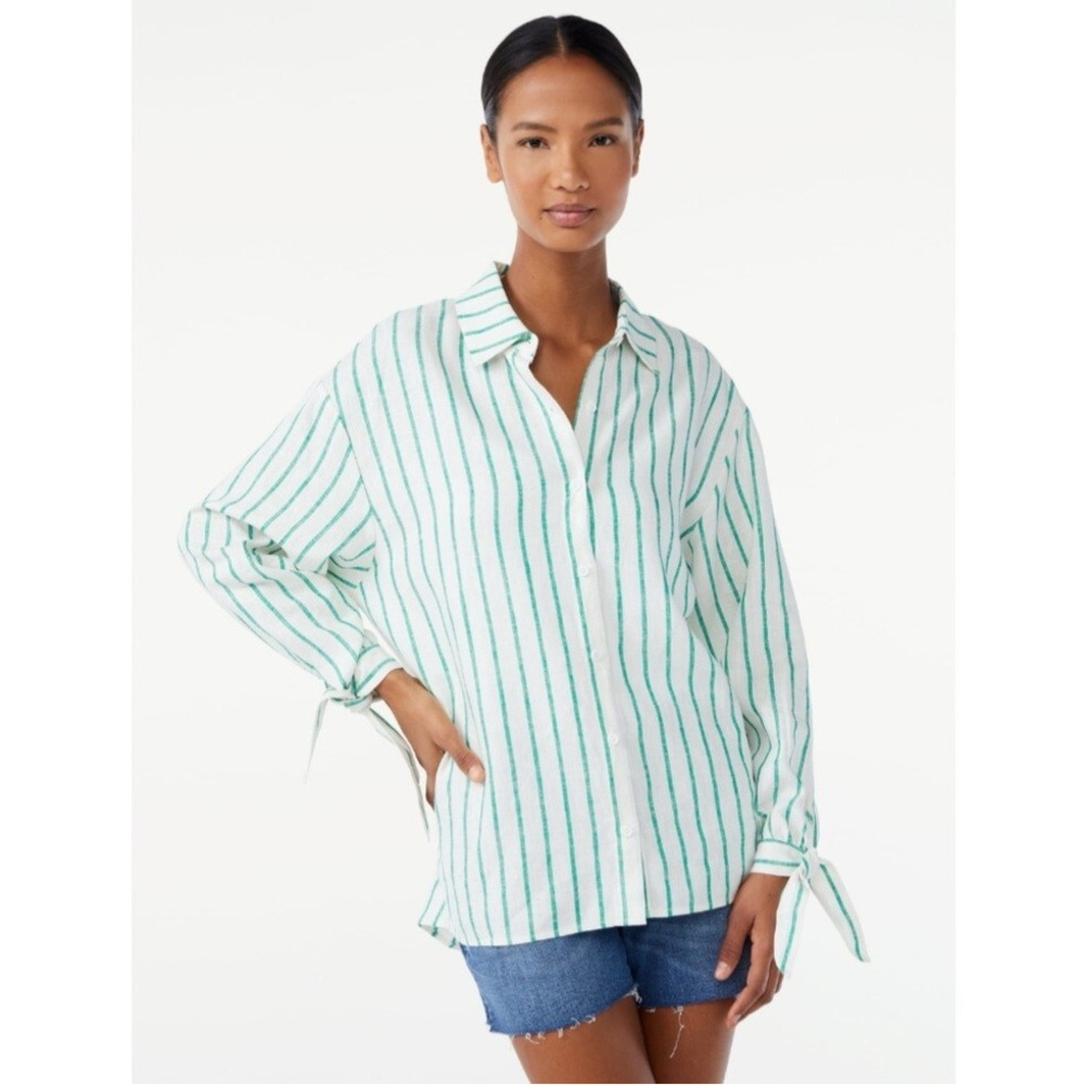 Scoop NYC Green and White Striped Button Down Shirt